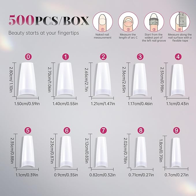 krofaue 500PCS False Nails Tips Lady French Style Acrylic Artificial Tip Manicure Half Cover with Box of 10 Sizes for Nail Tips Art Salons and Home DIY (White)