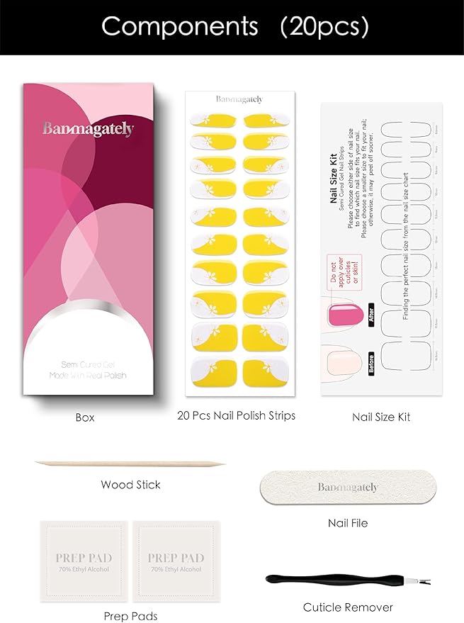 Semi Cured Gel Nail Strips, 20Pcs Long Lasting Salon Quality Wraps, Easy Apply & Remove Gel Nail Stickers with UV Light (Buttercup Petal Yellow)