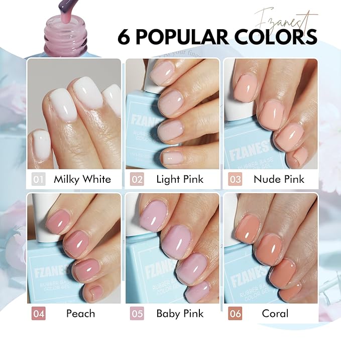 FZANEST Hema-Free Rubber Base Builder Gel Set, 6 Colors Nude Pink Gel Polish Sheer Milky White Natural Nail Polish French Tips Base Colors Nails Strengthener Soak Off Gift for Womens