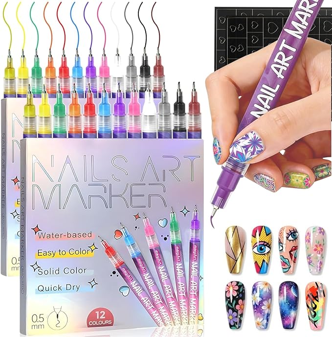 12 Colors Nail Art Pens & Acrylic Markers Set, 0.5mm Ultra-Fine Tip for Micro-Detailing, Water-Based Quick Dry DIY Manicure Tools, Easter Basket Stuffers & Spring Gifts for Girls Women (24pcs)