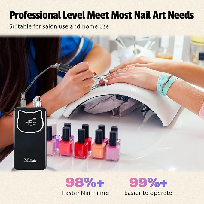 Professional Nail Drill File 45000RPM Electric Portable Nails Drills Kit with Rechargeable 7 uñas Bits Cordless Efile for Poly Gel Acrylic Nails Remover Home Salon Pedicure Manicure Tool (Black)