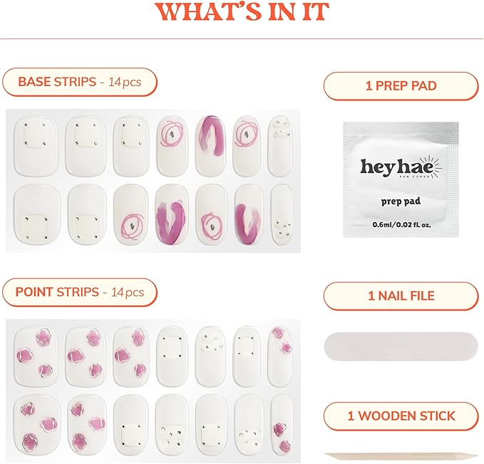 Heyhae Semi Cured Gel Nail Strips | No LED Lamp Needed | Glitter, Pink, Spring | Easy Apply & Remove, Salon Quality | Includes 28 Strips, 1 Prep Pads, Nail File & Wooden Stick - Hey, Salty Kisses