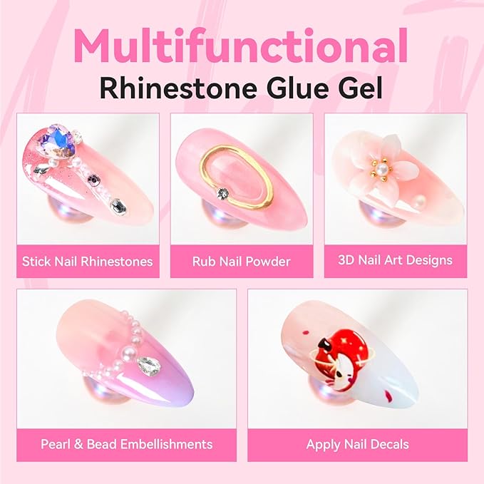 Makartt Nail Rhinestone Glue Gel-Upgrade Gel Nail Glue with Brush Pen Tip for Nail Charms Gems Super Strong Adhesive Precise for Nail Charms Crystals Rhinestone 3D Art Design Cured Need 8ml*4