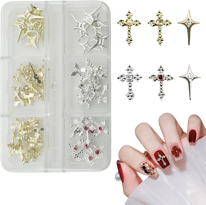 3D Cross Nail Charms for Nail Art, 60 Pcs Metal Crystal Cross Nail Decorations, Alloy Nail Studs and Rhinestones for Women Girl DIY Jewelry Crafts Supplies (Gold+Silver)