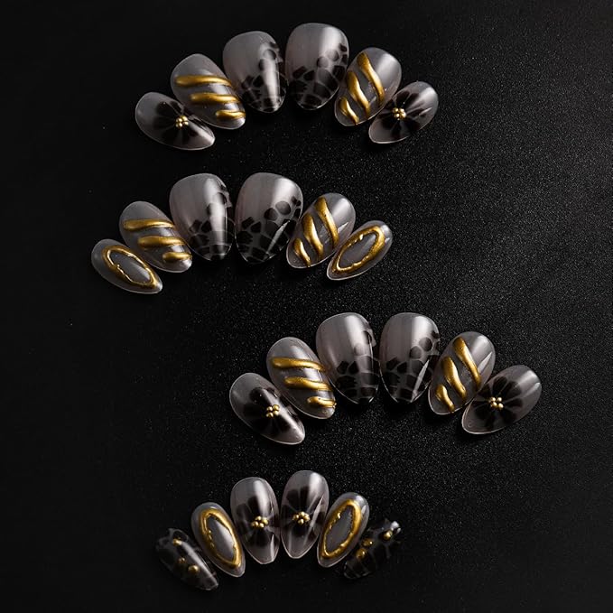 24Pcs Brown Flower Press on Nails Leopard Fake Nails Medium Almond False Nails with Gold Design Brown Flower Acrylic Nails Irregular Stick on Nail Artificial Full Cover False Nail for Women