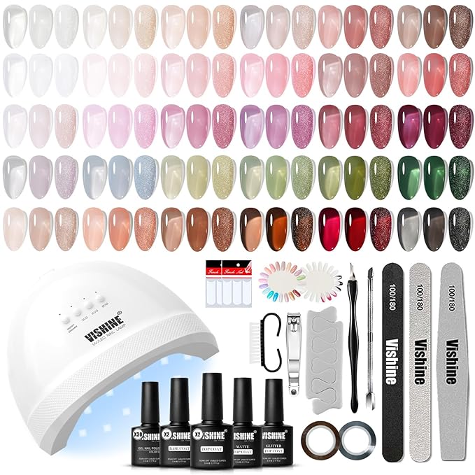 Vishine UV LED Nail Lamp Gel Nail Polish Kit, 36Pcs Jelly Translucent Natural Color Gel Base and Matte & Glossy Top Coat Soak Off DIY Art Manicure All-In-One Nail gel Kit