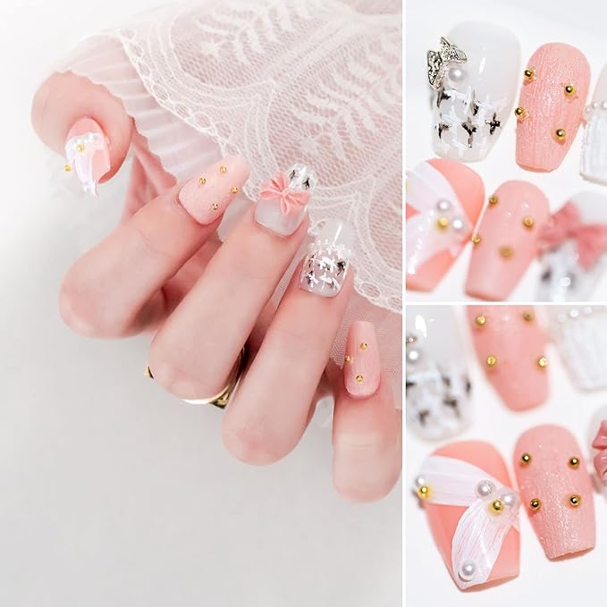 Sun&Beam Nails Handmade Short Medium Coffin Ballerina Pink False Nail Tips with Cute 3D Pearl Ribbon Popular Charm Design Press On 10 Pcs (#50 XS), FN-HM-050-XS.AU