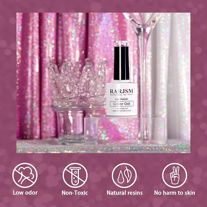 RARJSM Reflective Glitter Gel Polish Rose Pink Sparkle Rainbow Shimmer Gel Nail Polish Holographic 7.5ml Soak Off LED UV Bright Disco Diamond Nail Gelpolish Nail Art Manicure Salon DIY Home