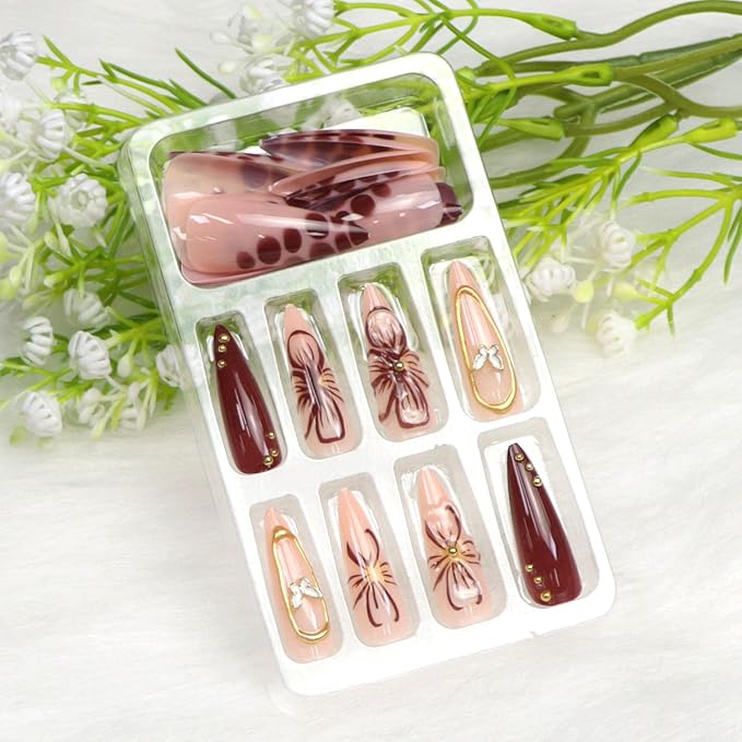 Long Press on Nails Stiletto Fake Nails with Flower Golden Beads Lines Butterfly Charm Designs Brown Nude Full Cover Glue on Nails Press ons Acrylic Glossy Stick on Nail for Women 24 Pcs
