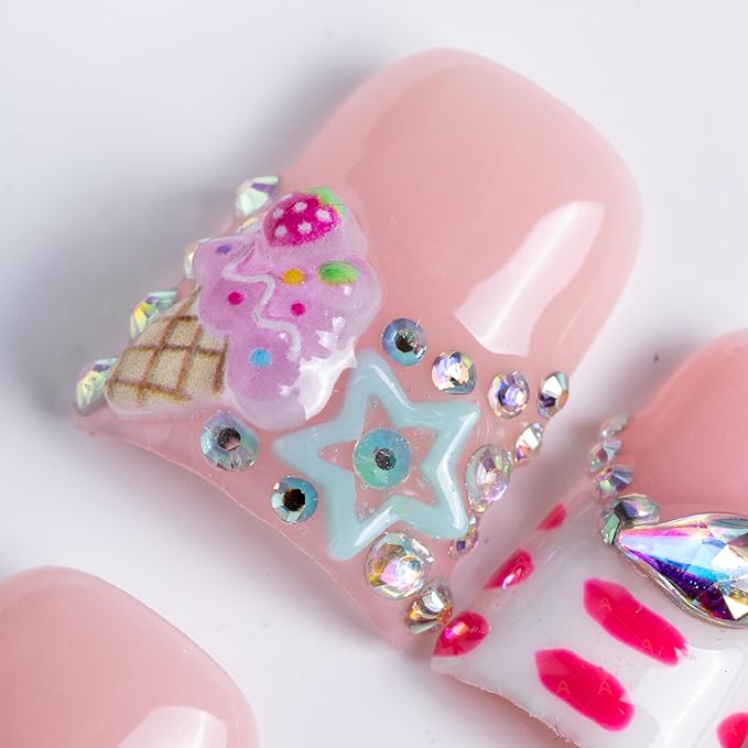 10 Pieces Luxury Acrylic Press On Nails Short Handmade Duck Nails, Pink Thickened False French Nails, Flame And Rhinestone, Reusable Fake Nails, Glow-in-the-dark Nails (L)