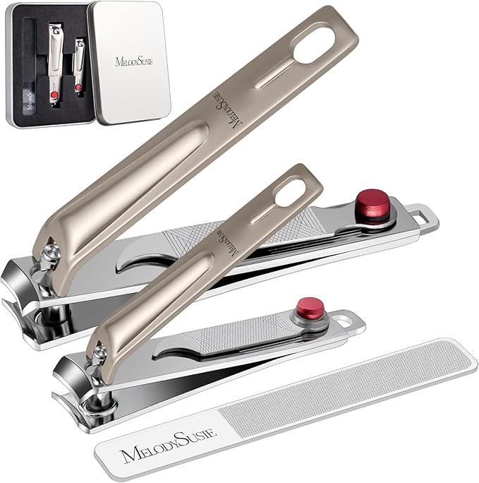MelodySusie Nail Clippers Set, Ultra Sharp Toenail Clippers with Glass Nail File, 3 in 1 Stainless Steel Nail Clippers for Men Women, Fingernail Clipper Nail Cutter Manicure Set, Champagne