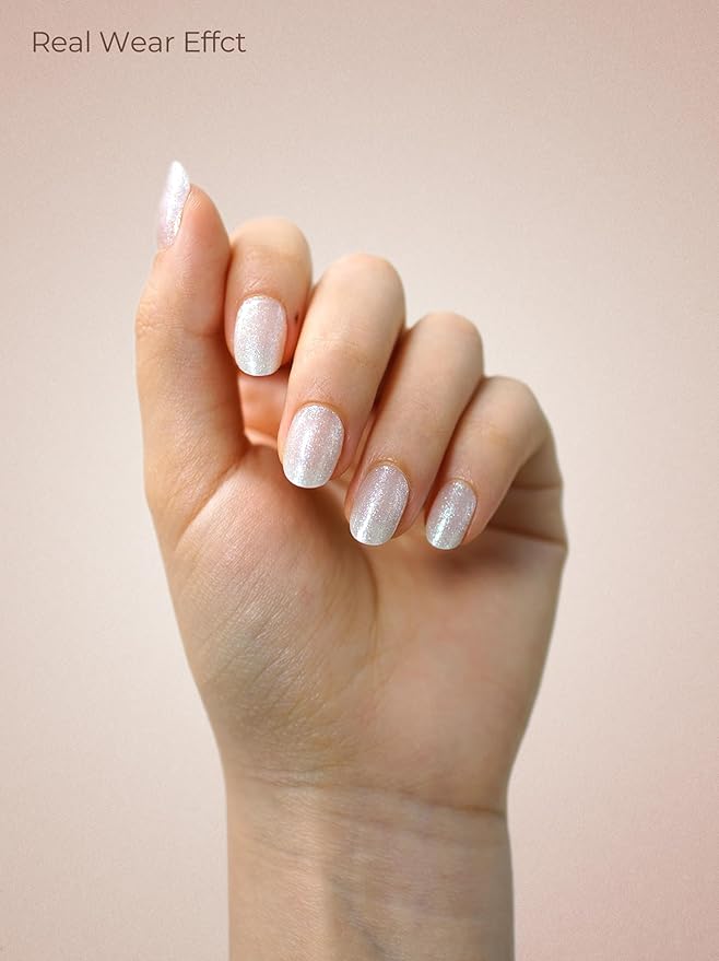 Real Gel Nail Strips (No UV Light Needed) - 44Pcs Salon Quality Nail Stickers - Long Lasting Polish Wraps for Women, Easy Apply & Remove (Moonlit Sliver)