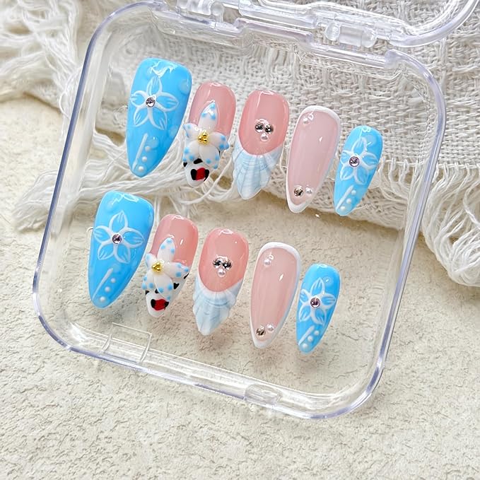10 Pcs Blue French Almond Handmade Press on Nails with Glue,Luxury False Nails 5D Flower Art Design Muti-Layer Gel False Nails Reusable Thick Nails Handmade Nail for Women(Size S)
