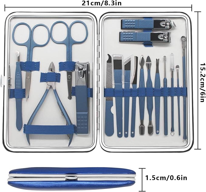 18 Pieces of Stainless Steel Nail Trimming and Beauty Kits - Nail Clippers, Nail Files, Tweezers, Nose Scissors, Eyebrow shavers, Ear Spoons, Blue Leather suitcases.