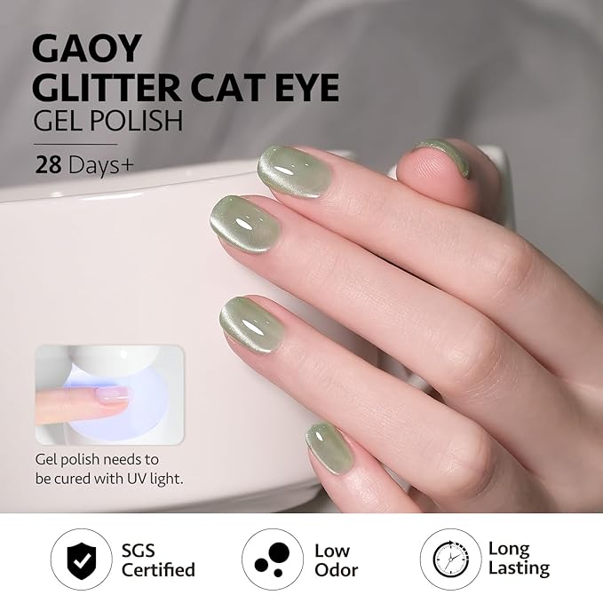 GAOY Green Glassy Cat Eye Gel Nail Polish, 16ml Glitter Holographic Nail Polish with Magnet, Reflective Translucent UV Gel, 2335 Green Jade
