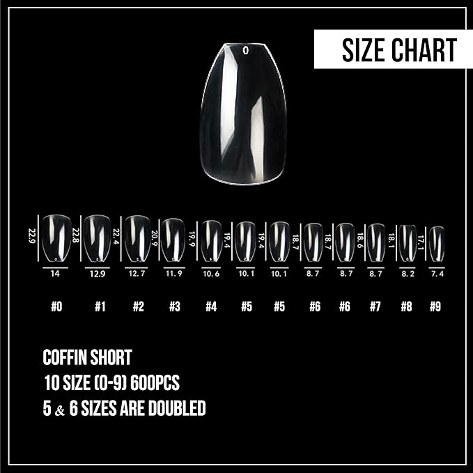 Nail Gel-X Natural Coffin Short Tips Set - NeVi USA Premium Quality, 600 Tips in 10 Sizes - Complete DIY Nail Extension Kit | No Size 00 Included #5 and #6 Are Double Quantity