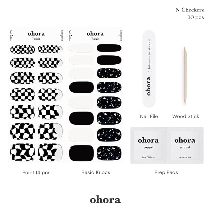 ohora Semi Cured Gel Nail Strips (N Checkers) - Dark, Patterned, Works with Any UV/LED Lamps, Salon-Quality, Long Lasting, Easy to Apply & Remove - Includes 2 Prep Pads, Nail File & Wooden Stick