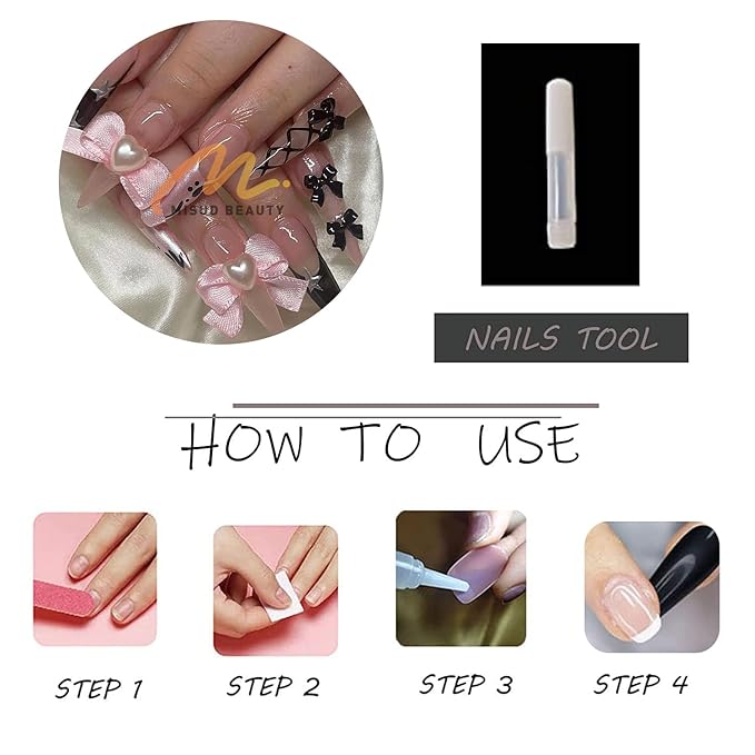 MISUD Press on Nails - Long Stiletto Fake Nails with Black French Tip, Acrylic Star Bow Design 24 pcs