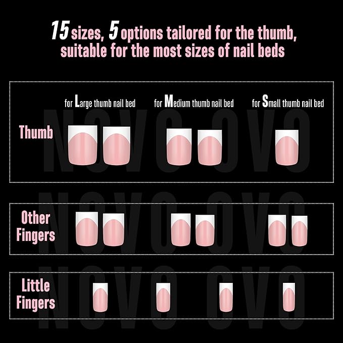 NOVO OVO Short Sharp Square White French Tip Nail Tips Press on BABY PINK, Need Builder Gel Top Coat Nail Glue, Soft Gel Fake Nail Extension, Full Cover False Nails for Salon DIY x 15 Sizes 240 pcs