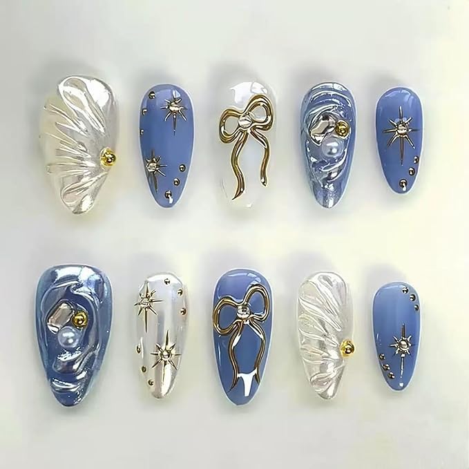 Press on Nails Handmade Medium Almond Fake Nails with Gold Star Bow Charms Design Blue White Glue on Nails Water Ripple Rhinestone Pearl False Nails Reusable for Women Girls Manicure