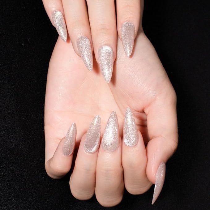 Press On Nails - Diamond Shine | Artsy Series | Beautiful White Silver Velvet Glitter Nails | Medium Long Almond Nails for All, 24 Pcs Reusable Nails