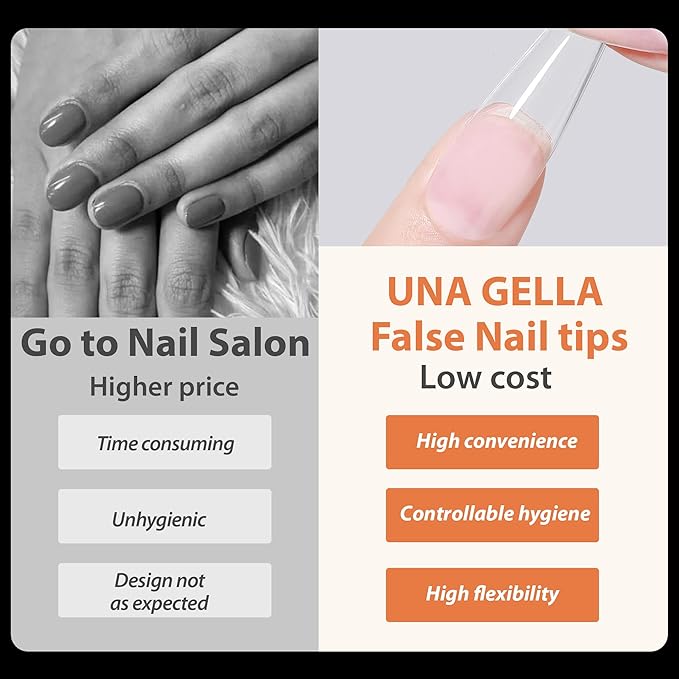 UNA GELLA Duck Fake Nail Tips 504 PCS Clear Soft Gel Short Half Cover Nail Tips Curved for Nail Extensions Professional Salon & Home DIY Nail Art 11 Sizes