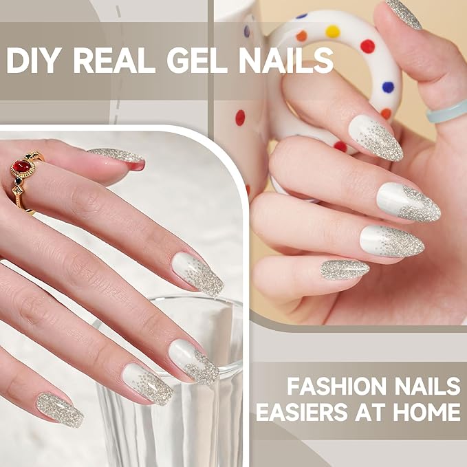 Semi Cured Gel Nail Strips,28 pcs Sparkling Gold Gel Nail Stickers with UV Light Required,Long Lasting Nail Art Stickers, Easy to Apply（French Gold）