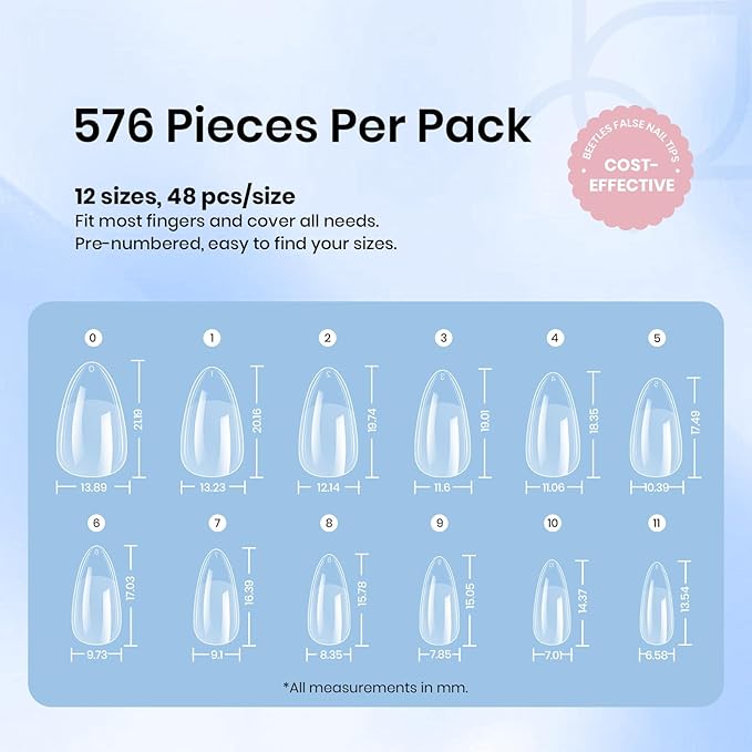 Beetles Gel Nail Tips Almond Short, 576Pcs 12 Sizes Etch-X Half Matte Full Cover Soft Acrylic False Nail Tips Easy DIY Fake Press On Nail Extension Set Salon Gift for Women