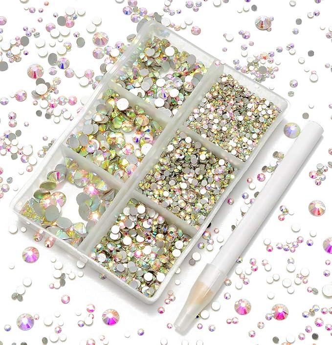 AD Beads 4300 Pieces Flat Back Nail Art Rhinestones Round Beads 6 Sizes (2-6.5mm) with Storage Organizer Box,Rhinestones Picking Pen for Nail Art Phone Decorations Crafts DIY (Crystal AB)
