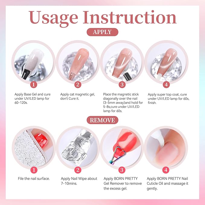 Born Pretty Spring Summer Pink Cat Magnetic Eye Gel Nail Polish Jelly Rose Pink Purple Crystal Glass Magnetic Shimmer Glitter Gel Polish Salon DIY Valentines Gift for Women 7ML 6PCS