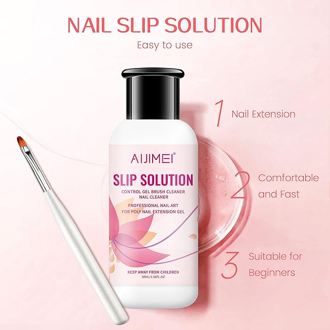 AIJIMEI 58ml/2fl.oz Nail Slip Solution Set Slip Solution for Poly Nail Gel Nails Nail Extension Professional Poly Nail Gel Slip Solution with Nail Brush Glass Crystal Cup for Home and Salon
