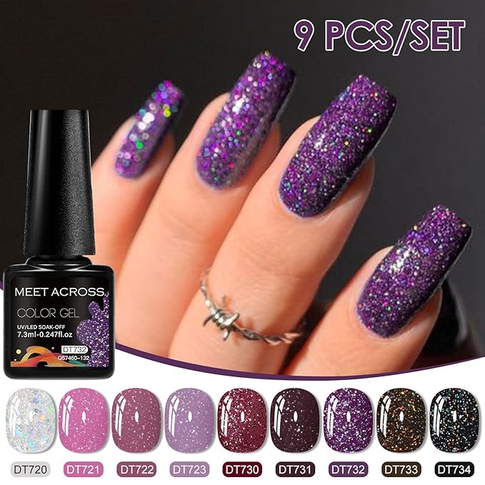 MEET ACROSS 9 Colors Gel Nail Polish + 3PCS Function Gel Nail Polish Kit,Fashion Nail Art Set Design Gifts for Women Manicure Salon (SET23, 12pcs)