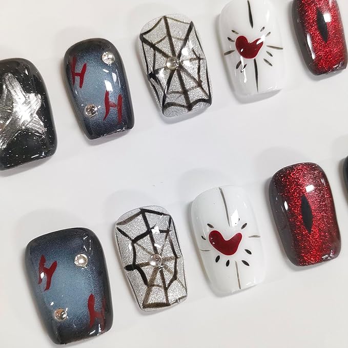 Halloween Press on Nails Short Square Handmade Acrylic Nails 3D Thick Cats Eyes Fake Nails with Rhinestones Spider Web Stars Designs Sparkly Black&Red Sturdy Art False Press on Nail 10Pcs(M)