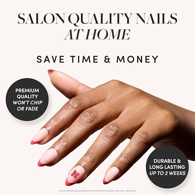 Glamnetic x Fanatics Press On Nails - Nebraska Cornhuskers | Short Almond Fake Nails, Collegiate Cornhuskers Red French Tips, College Nails, Salon-Quality | 15 Sizes - 30 Nail Kit with Glue