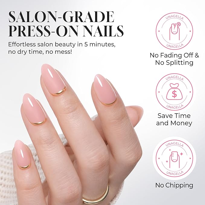 UNA GELLA 32Pcs Soft Gel Press on Nails - 16 Sizes Gold Rim Nude Pink Almond Glue on Nails, Reusable Elegant French False Nails, Full Cover Acrylic Nail Kit for Women DIY Home Manicure