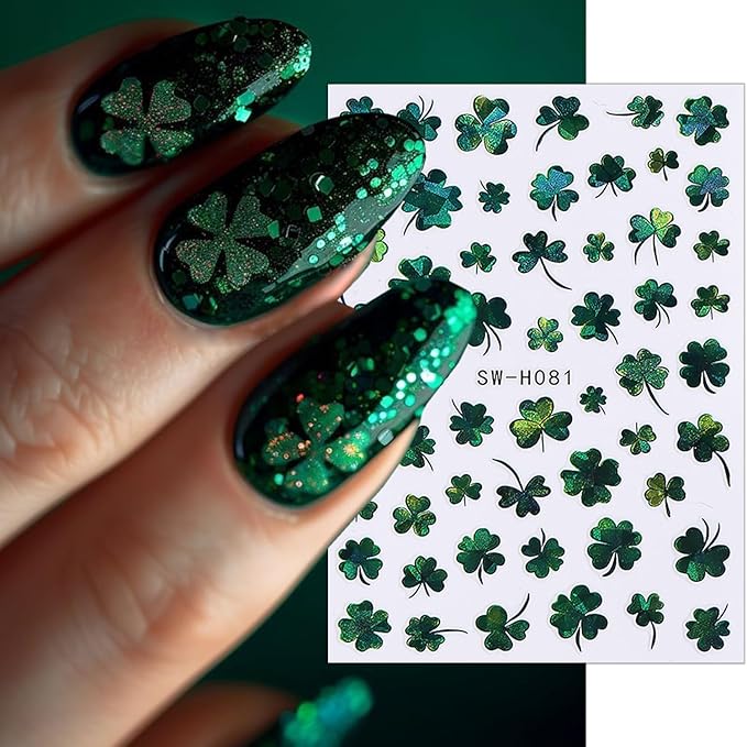 6 Sheets St Patricks Day Nail Stickers Green Laser Irish Shamrocks Nail Art Stickers Hat Horseshoe St. Patrick's Day Nail Decals 3D Self-Adhesive Lucky Clover Nail Decorations for Women Nail Designs