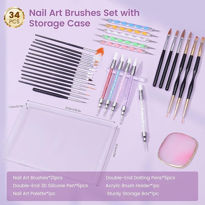 Quaferen Nail Art Brushes 34PCS Dual End Nail Dotting Tools Striping Liner Brushes Silicone Sculpture Brushes Gel Nail Polish Brush with Brush Holder Color Palette for Beginners DIY Salon Home