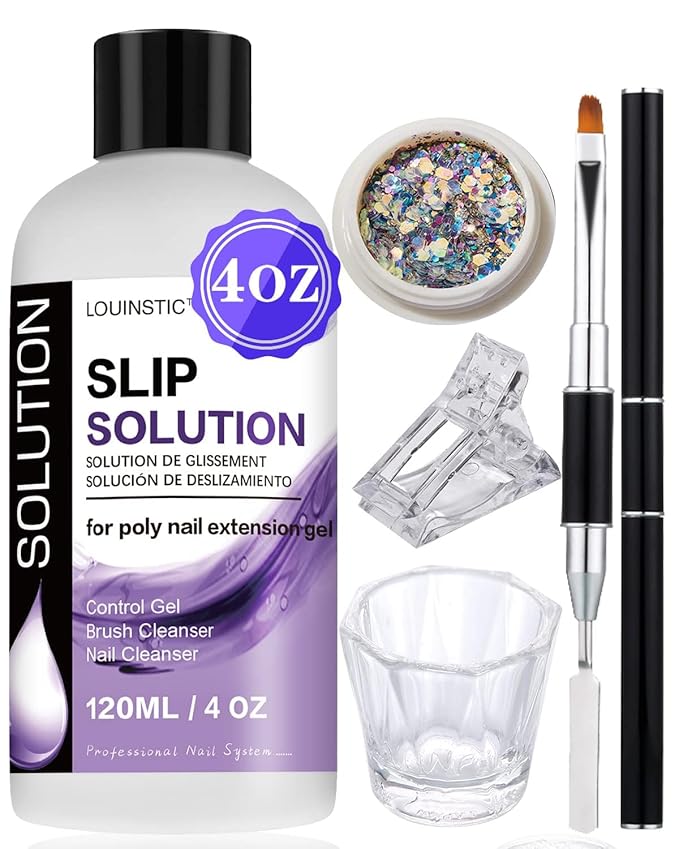 LOUINSTIC Poly Nail Gel Slip Solution - 120ml, 3 in 1 Nail Extension Anti-Stick Liquid, Art Brush Cleanser, for Poly Extension Gel Kit, with Dual-Ended Art Brush