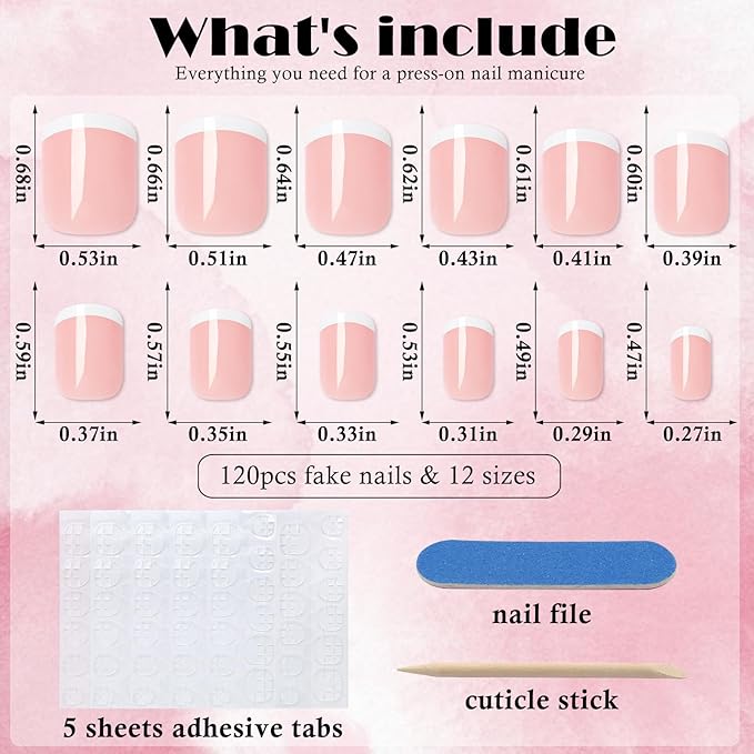 AddFavor 120pcs French Tip Press on Nails Short Square Fake Nails Nude White French Nails Press on Acrylic Artificial False Nials with Adhesive Tab for Women Girls