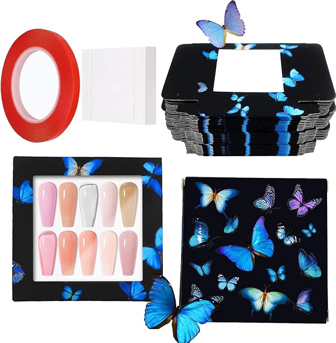 71 Pcs Empty Press on Nails Packaging Box 35 Pcs White Background Papers and 1 Double Sided Tape, Empty Nail Package Box Set for Press on Nail Business (Black)…