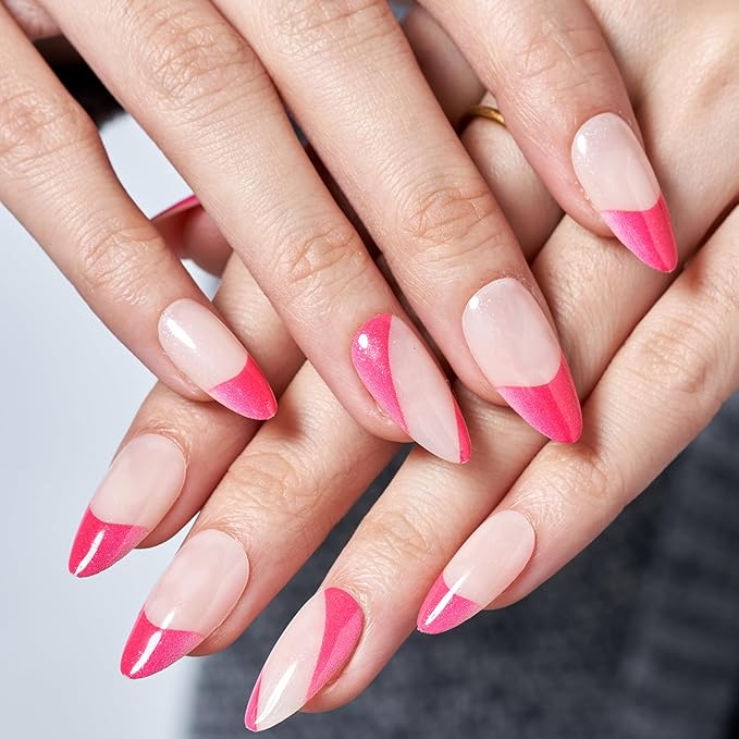 GLAMERMAID Pink French Tip Press on Nails Medium Almond, Nude Gel False Nals, Jump Color Stiletto Glossy Glue on Nails Kit for Women, Reusable Short Oval Stick on Acrylic Fake Nails Manicure Set