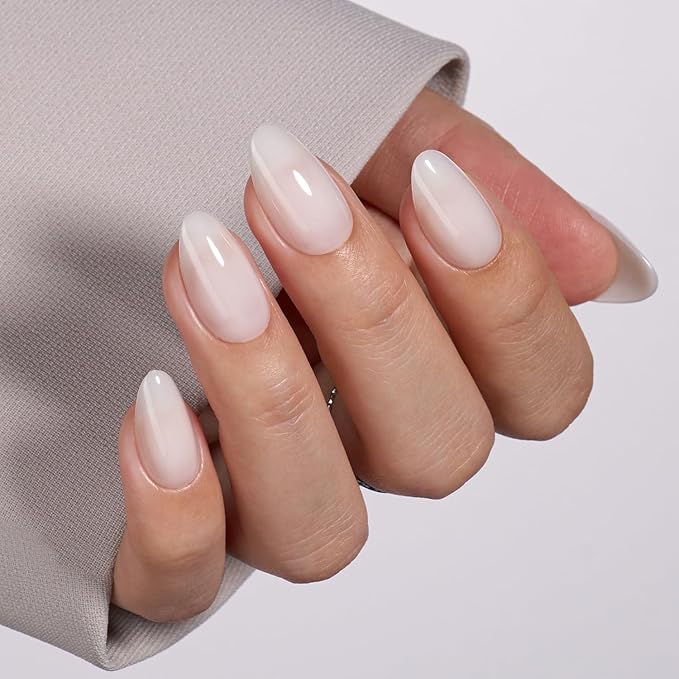 VSALON Almond Short Press On Nails, Milky White Light Curable Sheer Jelly Finish False Nails, Reusable Gel Glue on Nails Kit with Glue - 32 pcs in 16 Sizes