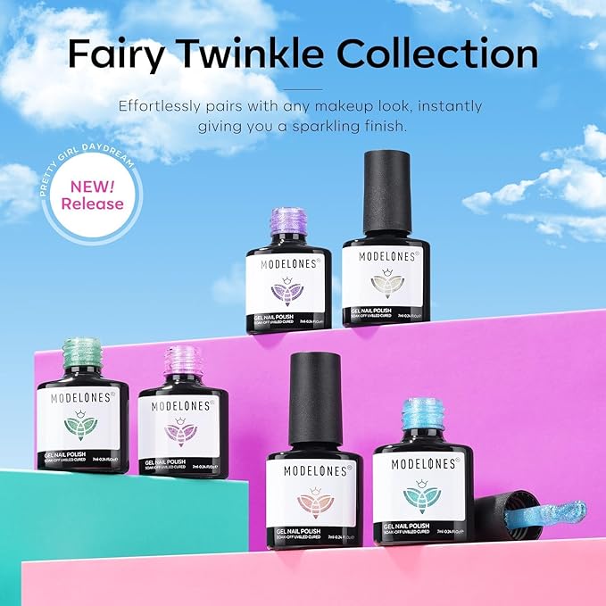 modelones Gel Nail Polish Set, 6 Colors 2026 Spring Pastel Easter Candy Mermaid White Pink Glitter Gel Polish Baby Blue Purple Galaxy Sparkle Shimmer Pearl Nail Polish Soak Off LED Nail Art DIY Gift