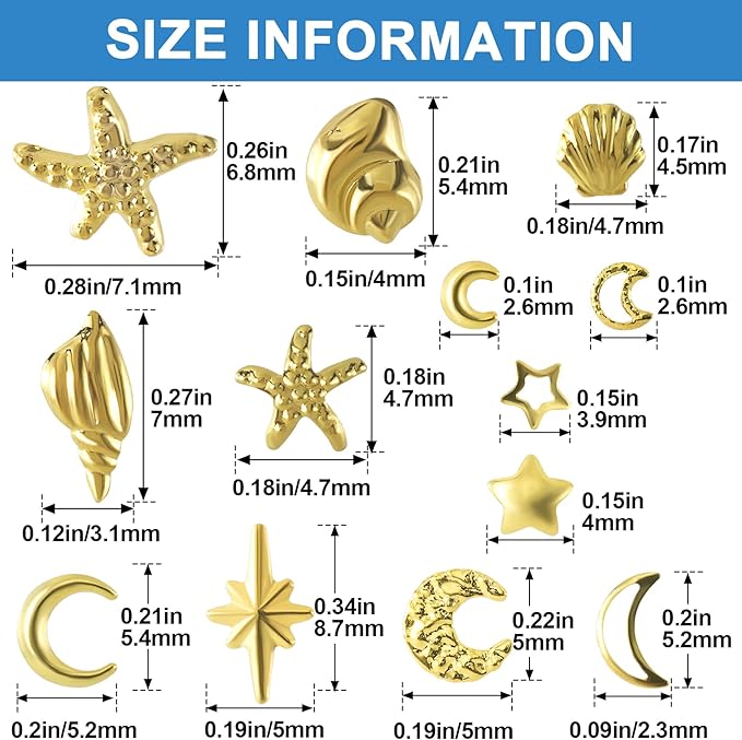 2 Disc Ocean Nail Art Charms, 3D Metal Star Nails Stickers, Beach Starfish Seashell Decals Manicure DIY Embellishments for Women- Gold