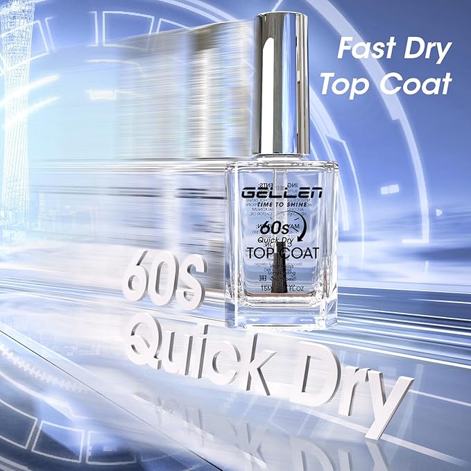 GELLEN Clear Nail Polish Top Coat Quick Dry in 60 Seconds, High-Gloss Shine Top Coat Fast Air Drying Clean Regular Nail Polish, Hema Free, TPO Free, Non-toxic, No Chip, Long Lasting