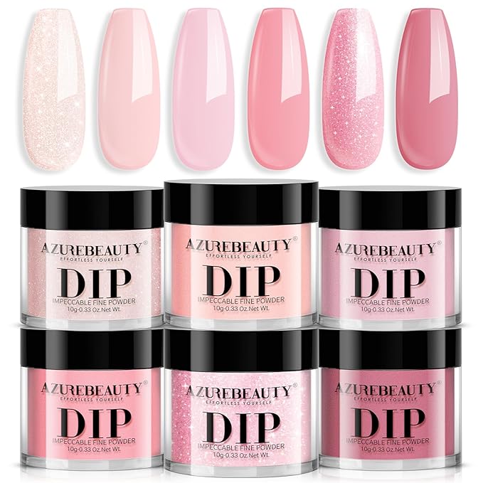 AZUREBEAUTY Pink Dip Powder Nail Set, All Season 6 Colors Nude Pink Glitter Cherry Blossom Shades Dipping Powder Nail Starter Kit French Art Manicure DIY Gifts for Women, No Need Nail Lamp Cured