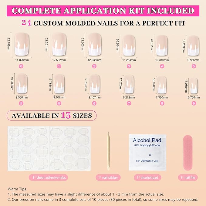 Fake Nails Medium Size Square Squoval Shape Predesigned Press on Nail (Nude French Nails)