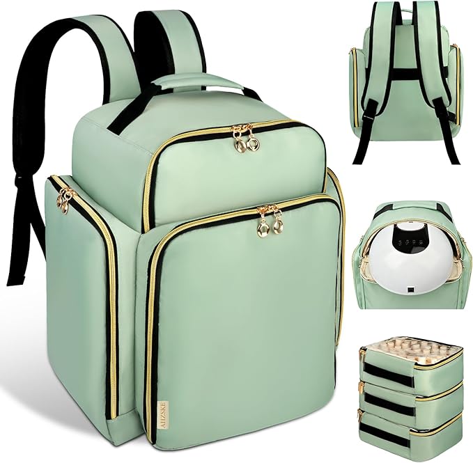 Nail Polish Organizer Backpack Holds 126 Bottles& Nail Lamp, Extra Large Nail Kit Supplies Organizer Bag with 3 Removable Cases, Portable Nail Organizers and Storage for Travel (Green)