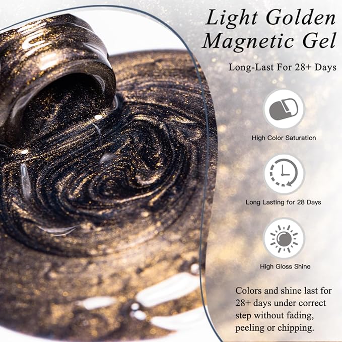 MEET ACROSS 8PCS/SET Light Golden Magnetic Gel Nail Polish Kit, Semi-Permanent Soak Off LED, Super Bright Cat Eye Series Nail Art Gift for Women