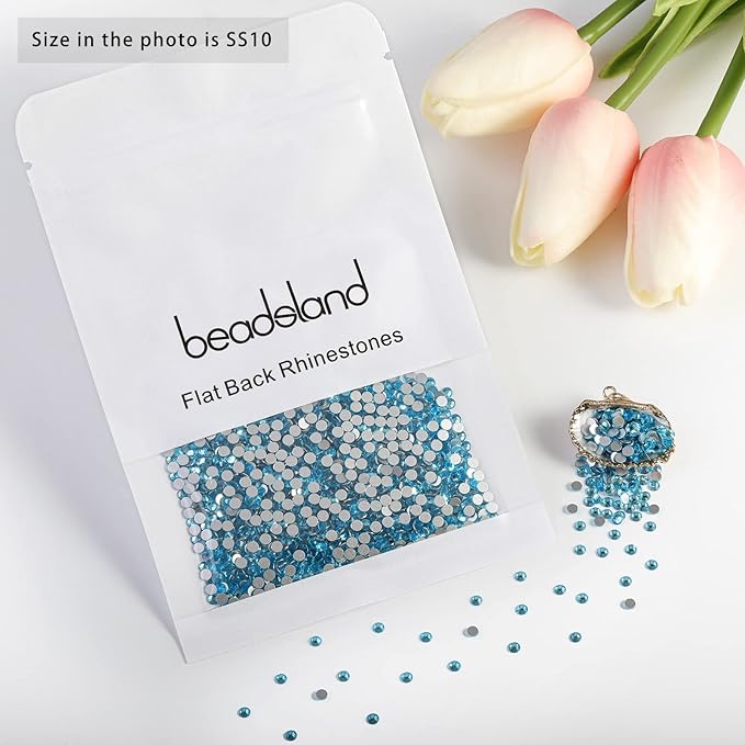 Beadsland 2880pcs Flat Back Crystal Rhinestones Round Gems for Nail Art and Craft Glue Fix,Aquamarine,SS10,2.7-2.9mm
